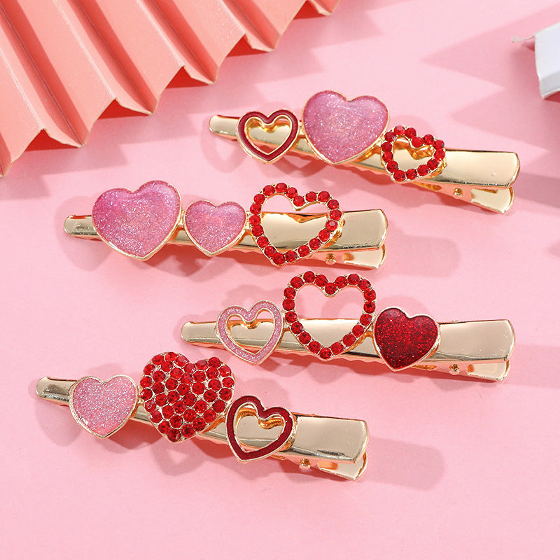 Wholesale Valentine's Day Red love hair clip shiny crystal sweet heart duckbill clip
